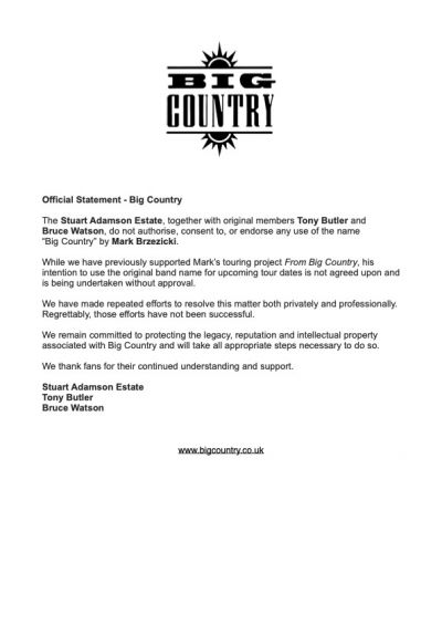 Official Statement – Big Country – Official Website of Big Country